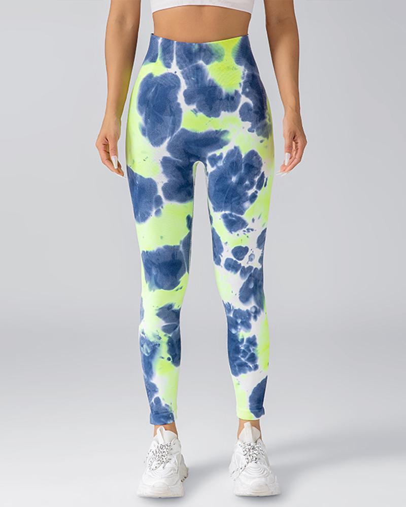 

Pantalon de yoga sans couture avec imprimé tie-dye et levage des fesses, leggings de contrôle du ventre, Green