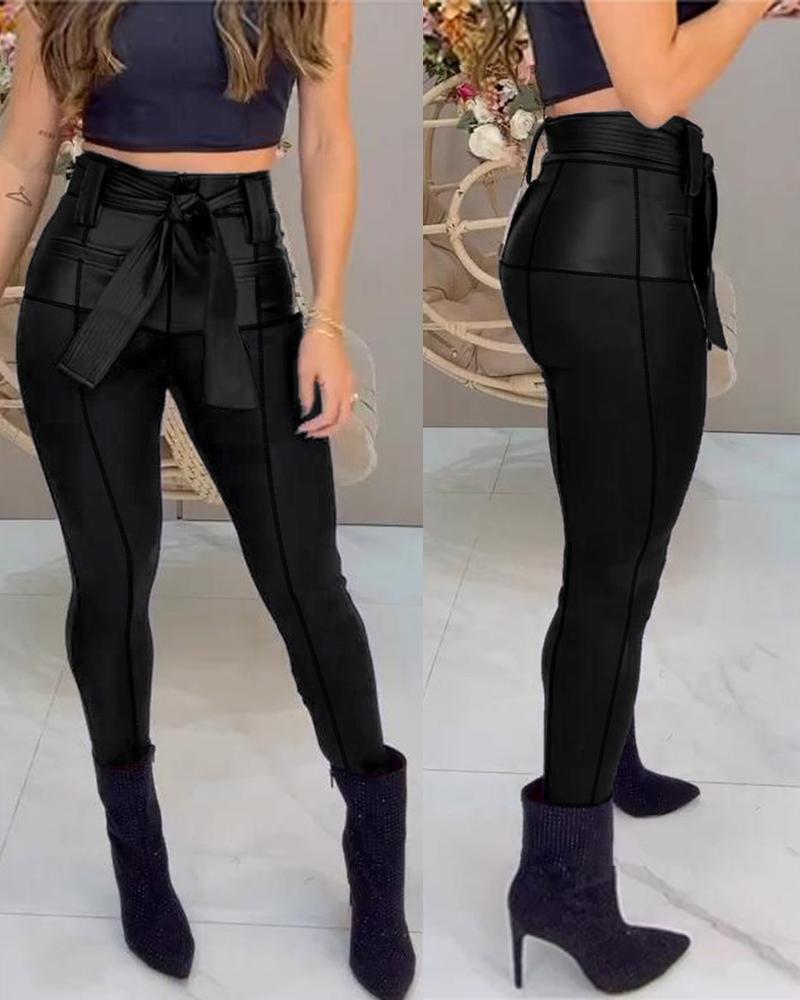 

PU Leather Patch Skinny Pants With Belt, Black