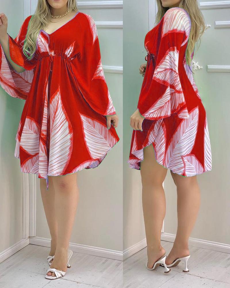

Leaf Print Ruffles Sleeve Ruched V-Neck Dress, Red