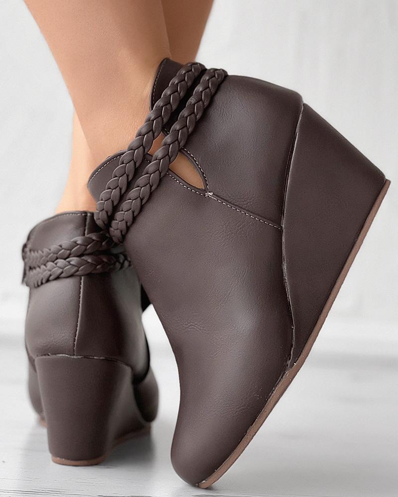 

Round Toe Braided Wedge Boots, Coffee