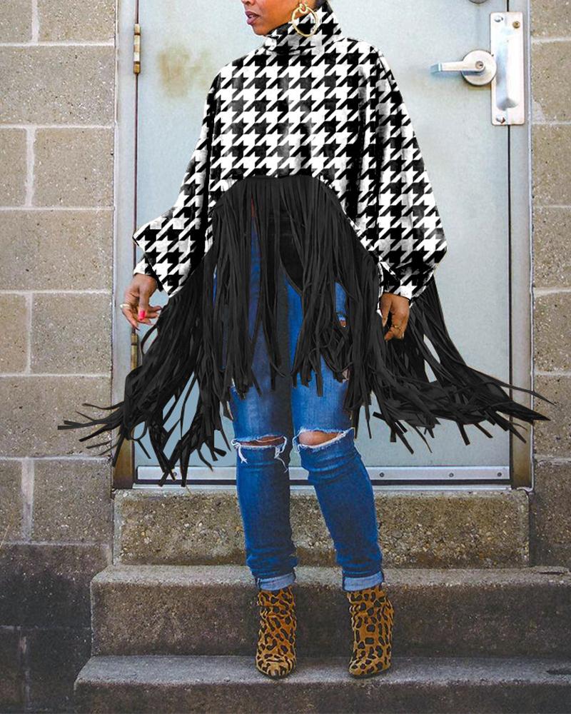 

Plus Size Houndstooth Print Tassel Trim High Neck Top, Blackwhite