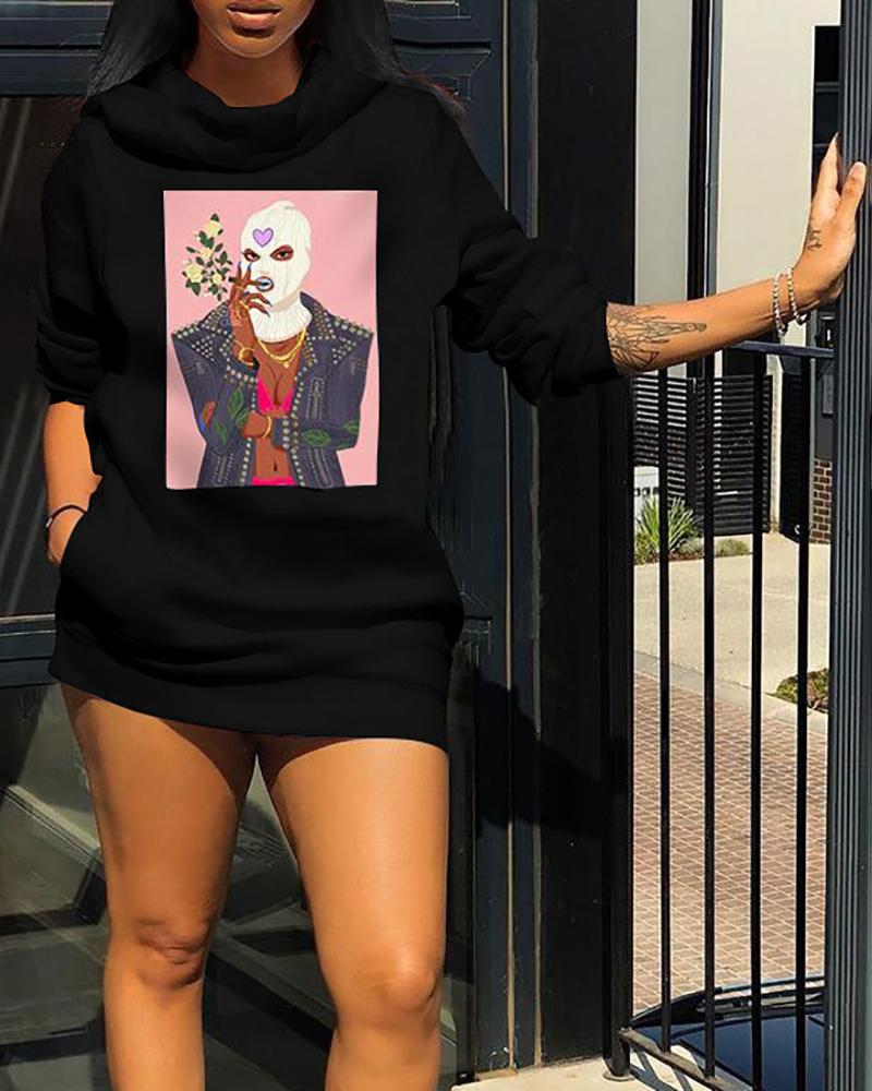 

Graphic Print Pocket Design Long Sleeve Sweatshirt Dress, Black