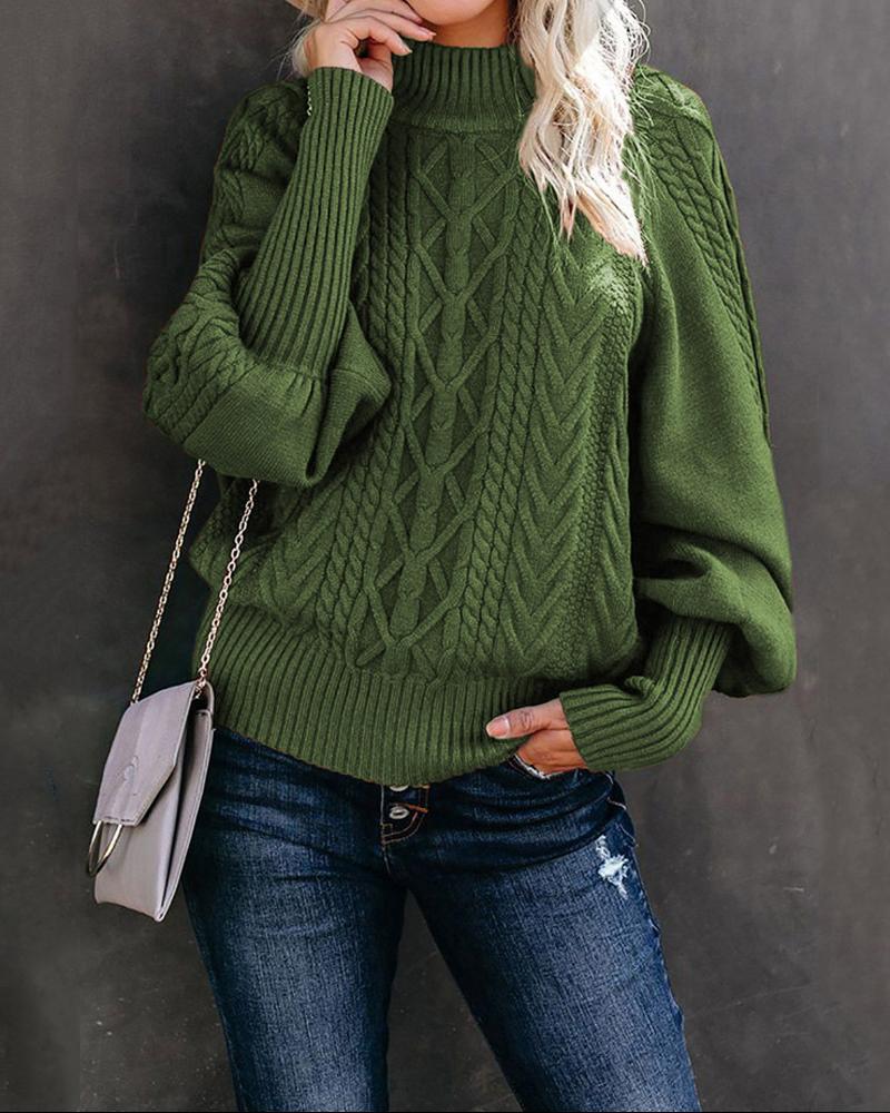 

Lantern Sleeve High Neck Cable Knit Warm Sweater, Green