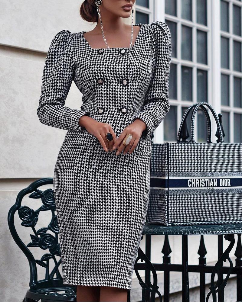 

Houndstooth Puff Sleeve Double Breasted Tweed Dress, Black&white