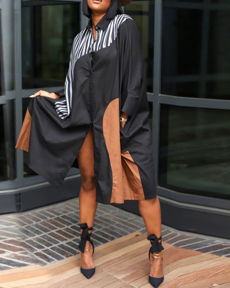 

Plus Size Colorblock Striped Button Down Shirt Dress, Black
