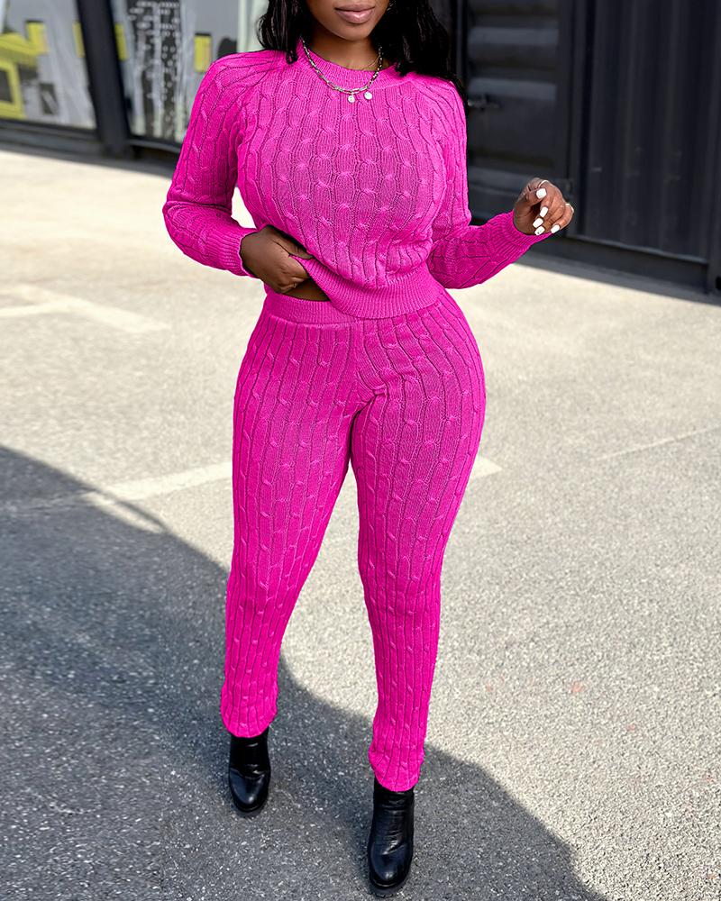 

Long Sleeve Cable Knit Sweater & Pants Set, Hot pink