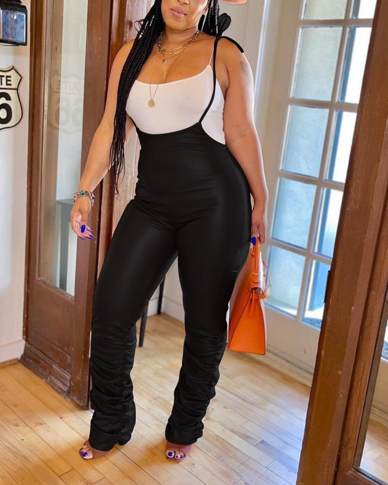 

PU Leather Knot Shoulder Stacked Suspender Jumpsuit, Black