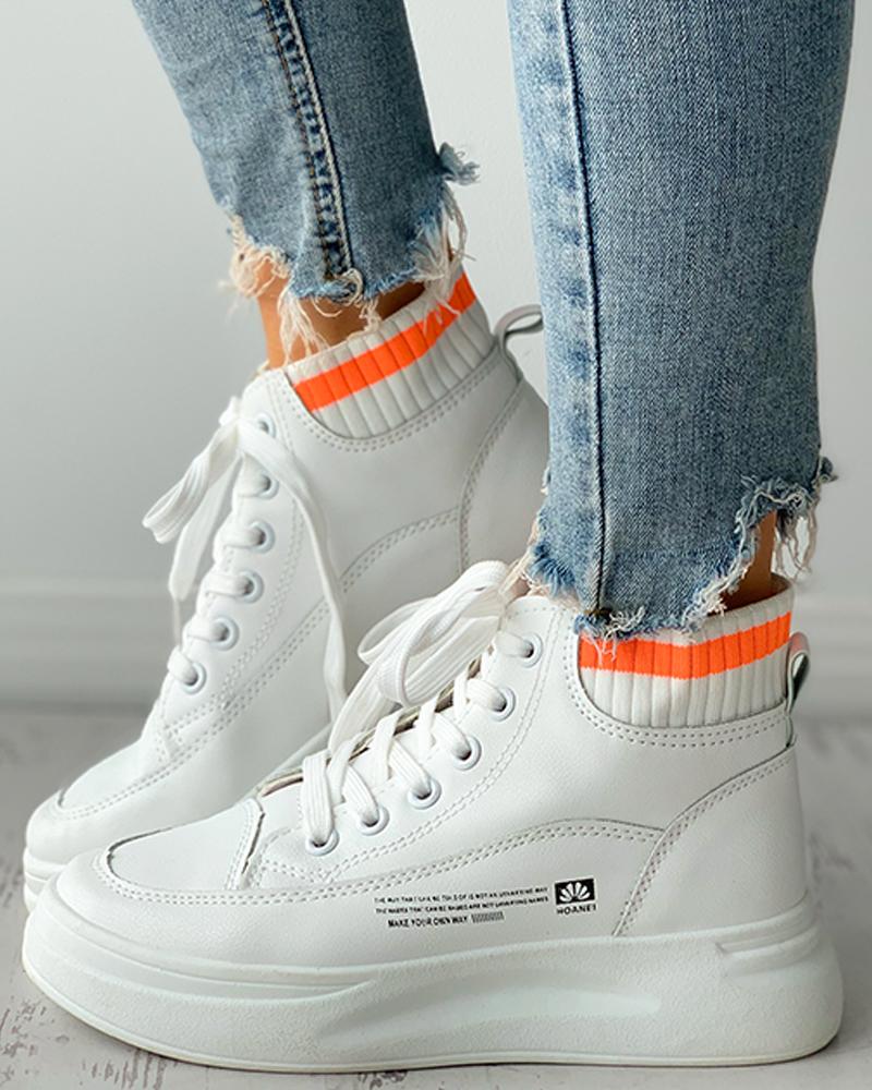 

Eyelet Lace-up Striped Colorblock Letter Print Muffin Sneaker, White