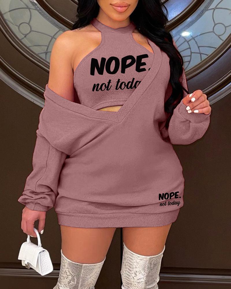 

Letter Print Tank & Long Sleeve Dress Set, Brown