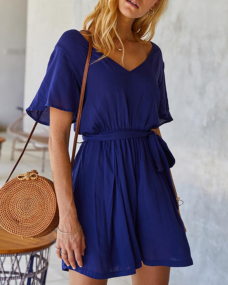 

Solid V-neck Elastic Waist Casual Romper, Dark blue