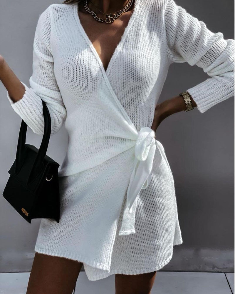 

Long Sleeve Wrap Tie Side Chunky Knit SweDressater, White