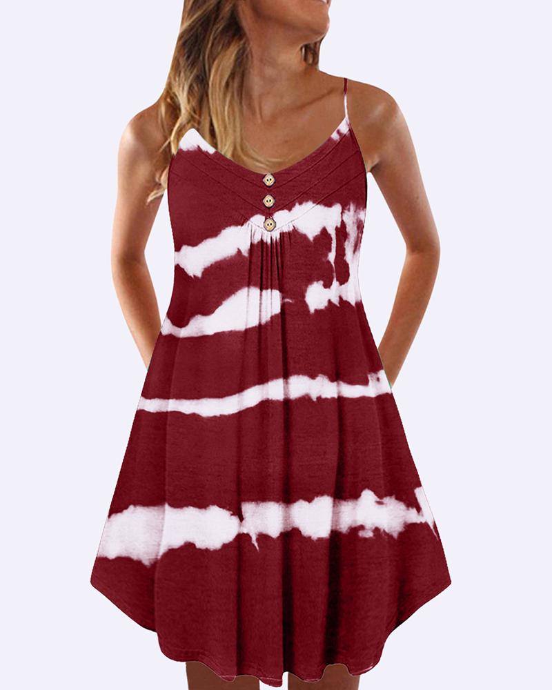 

Tie Dye Print Buttoned Casual Dress, Red