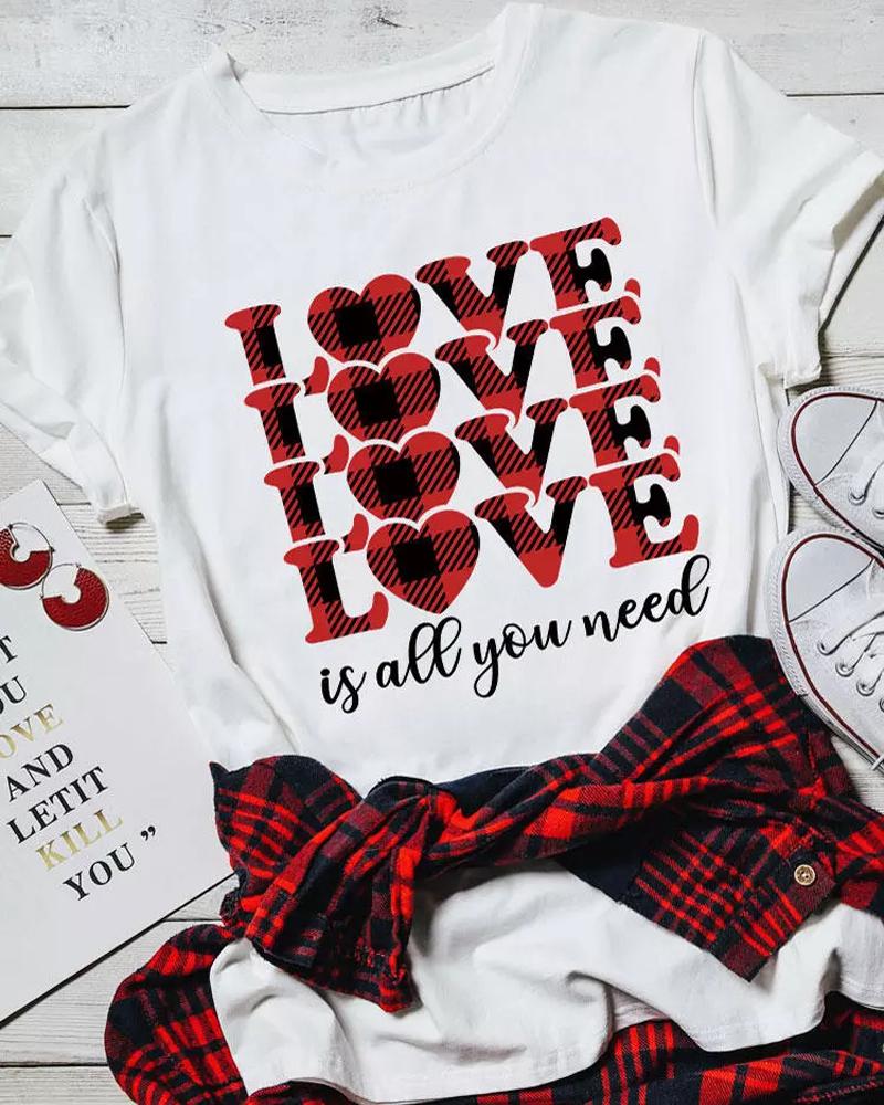 Valentine's Day Plaid Love Heart Print Casual T-shirt