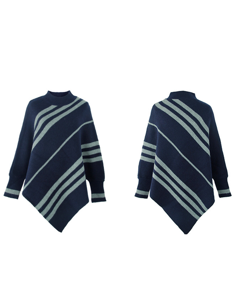 

Striped Cape Sleeve Poncho Sweater, Purplish blue