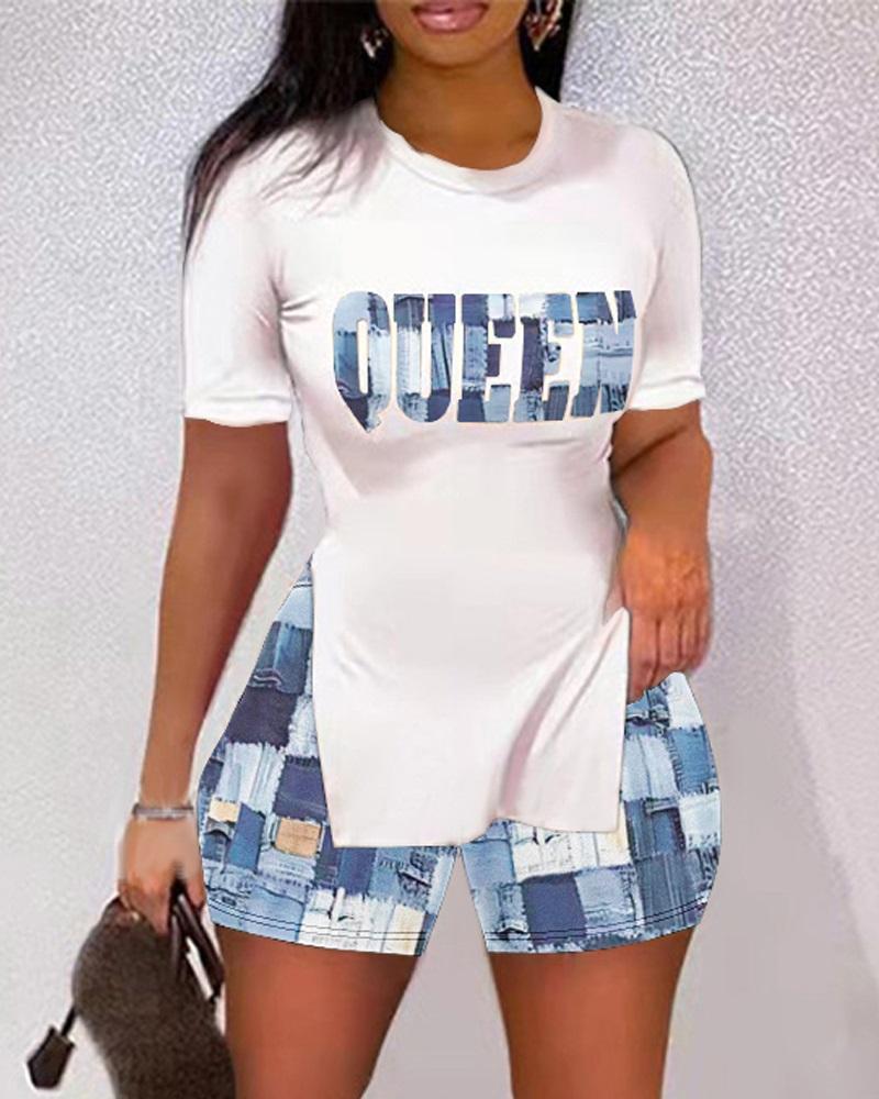 

Denim Look Letter Print Split Hem Top & Shorts Set, Blue