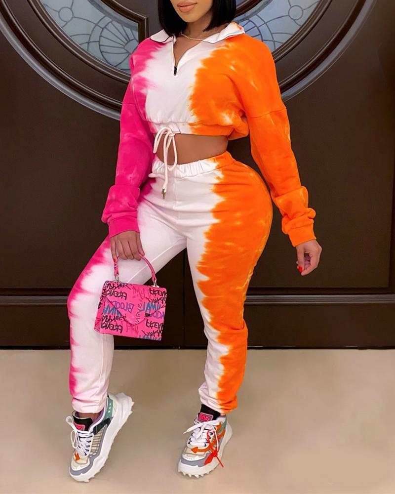 

Tie Dye Print Drawstring Crop Top & Pants Set, Hot pink