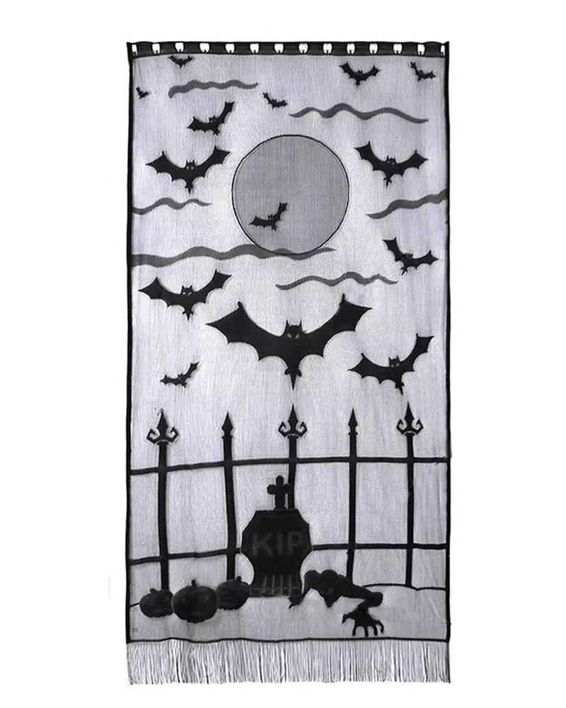 

Black Lace Halloween Window Curtains Spider Web Bats Door Curtain Panel Ornament For Spooky Halloween Holiday Party, Style3