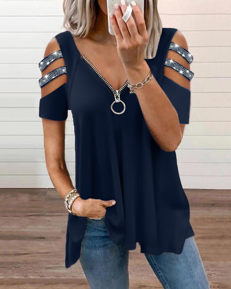 

Studded Zipper Design Cutout Sleeve Top, Purplish blue