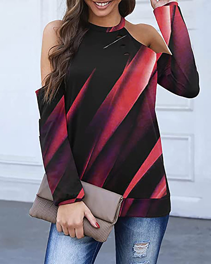 

Ombre Colorblock Cold Shoulder Casual Top, Red