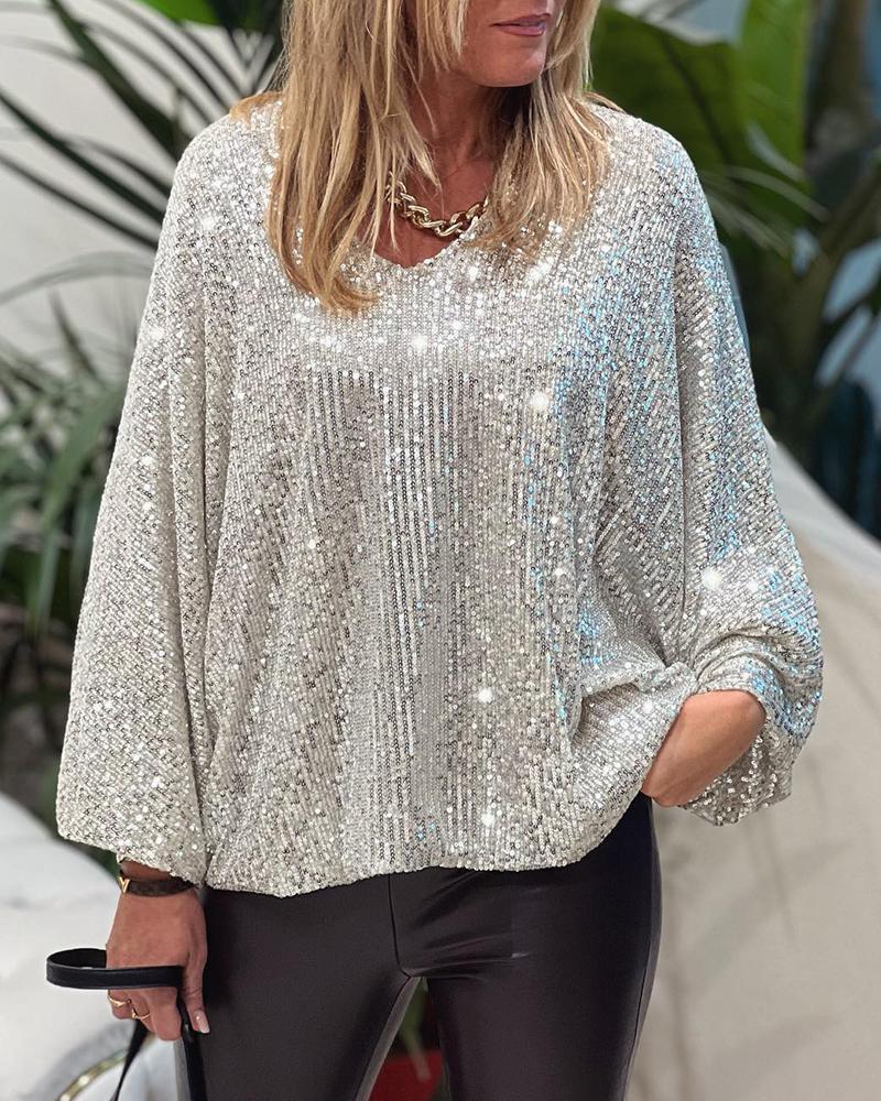 

V-Neck Allover Sequin Lantern Sleeve Top, Silver