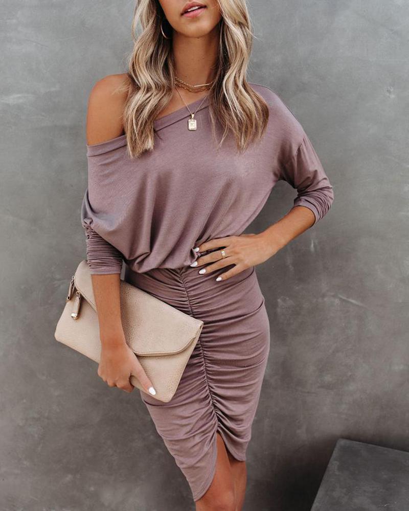 

One Shoulder Plain Ruched Bodycon Dress, Purple
