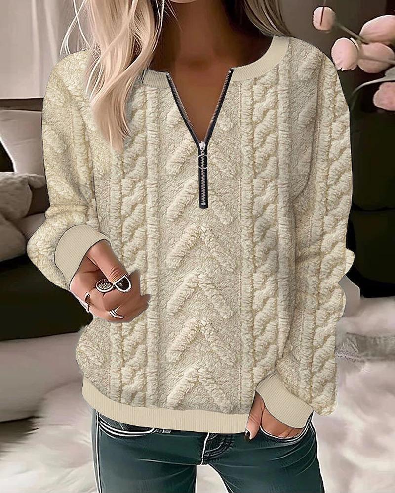 

Zipper Design Fuzzy Textured Sweatshirt, Apricot