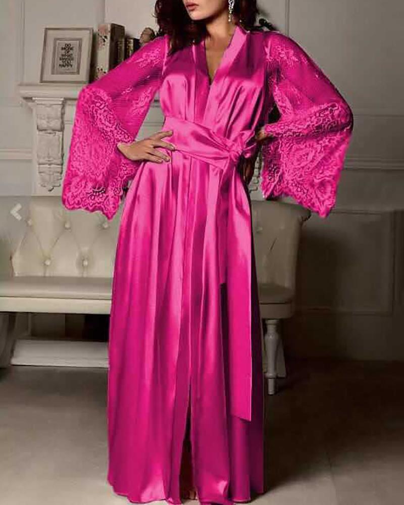 

Lace Trim Long Sleeve Knotted Robe, Hot pink