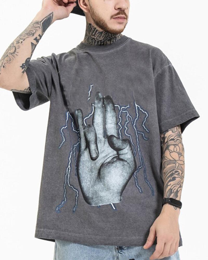 

Fingers & Lightning Print Short Sleeve T-shirt, Gray