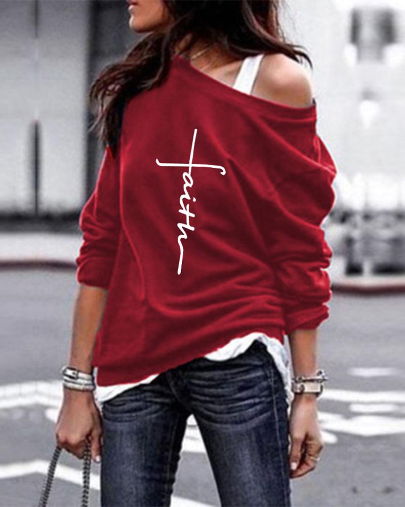 

Letter Print Long Sleeve Round Neck Sweatshirt, Wine red