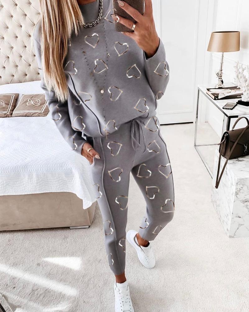 

Heart Print Long Sleeve Top & Drawstring Waist Pants Set, Gray