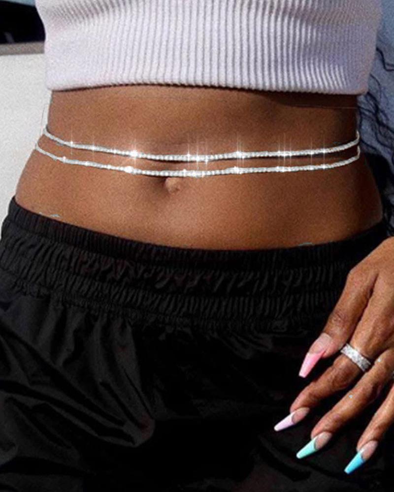 

1pcs Double Layered Rhinestone Waist Chain, Silver