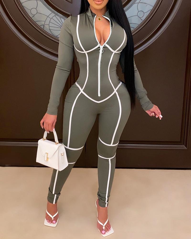 

Colorblock Zipper Design Long Sleeve Jumpsuit, Gray