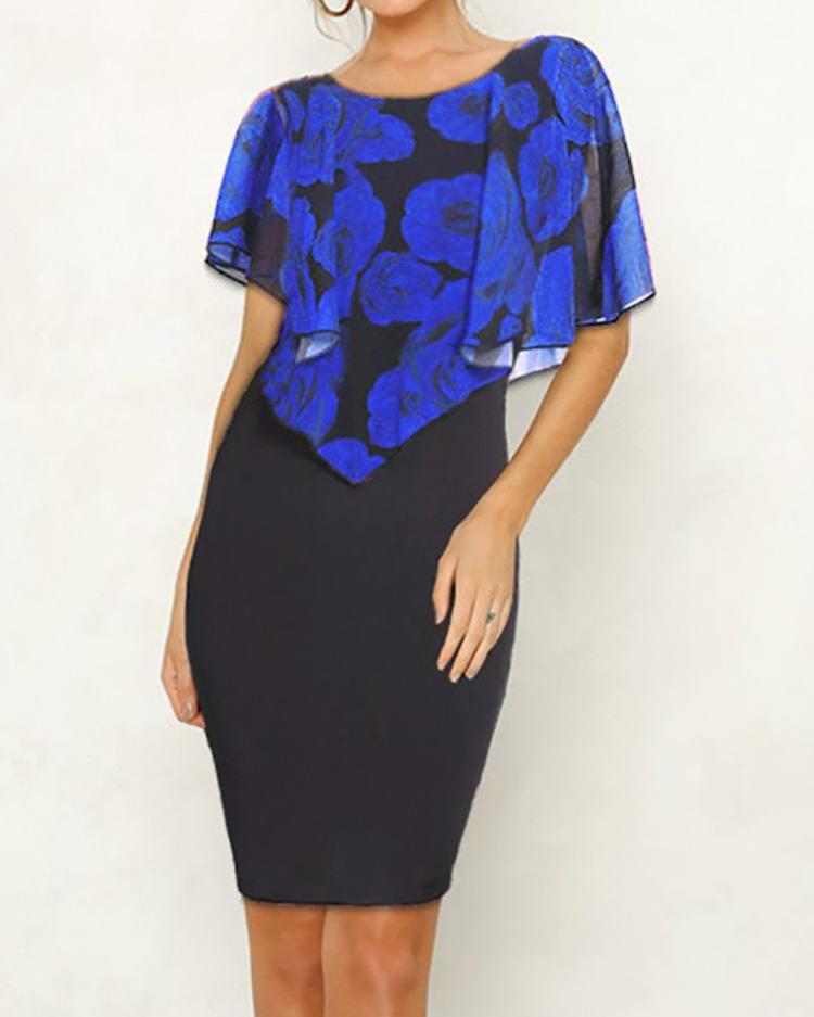 

Floral Print Short Sleeve Bodycon Women Dress, Blue