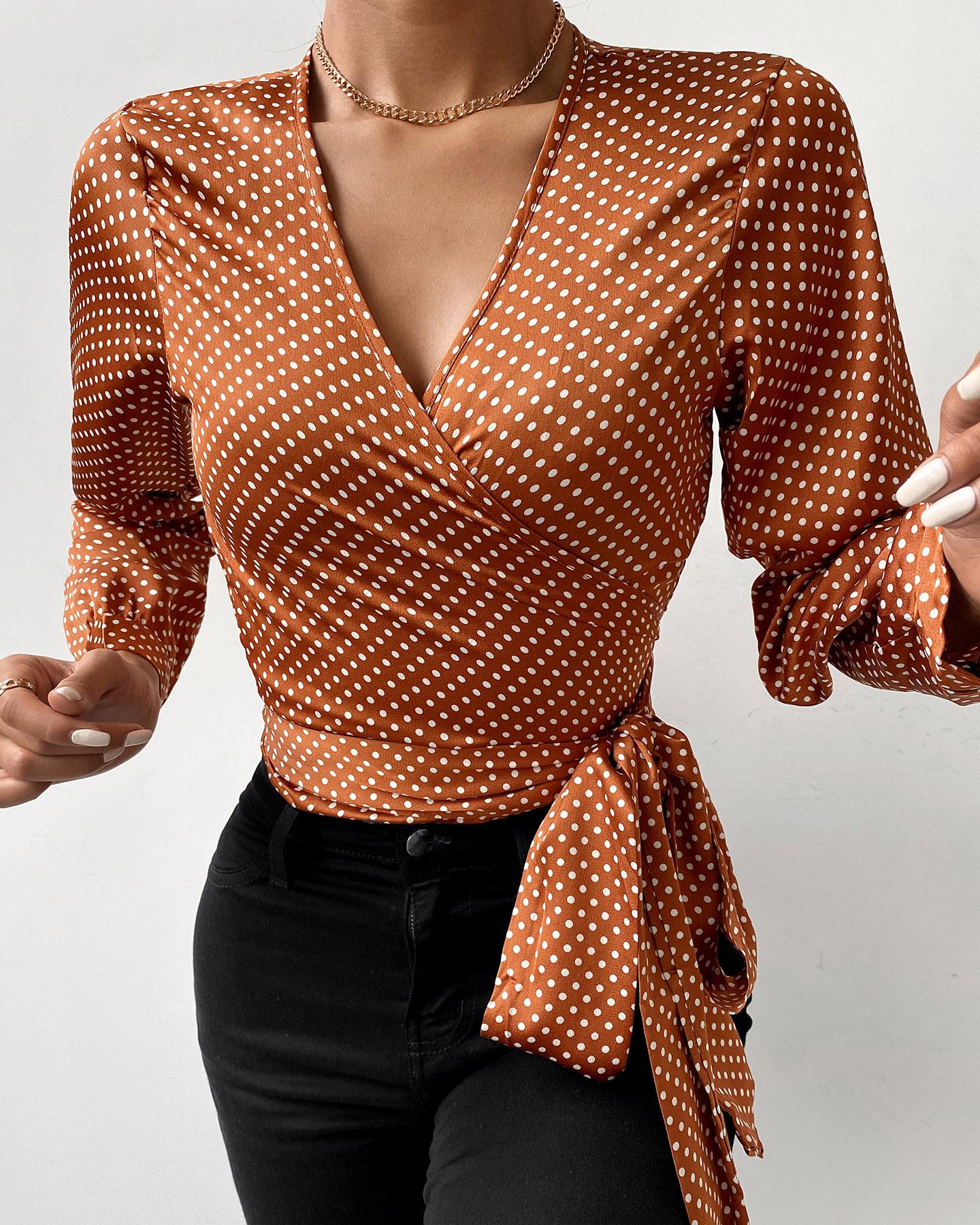 

Surplice Neck Polkadot Print Short Sleeve Blouse, Style1