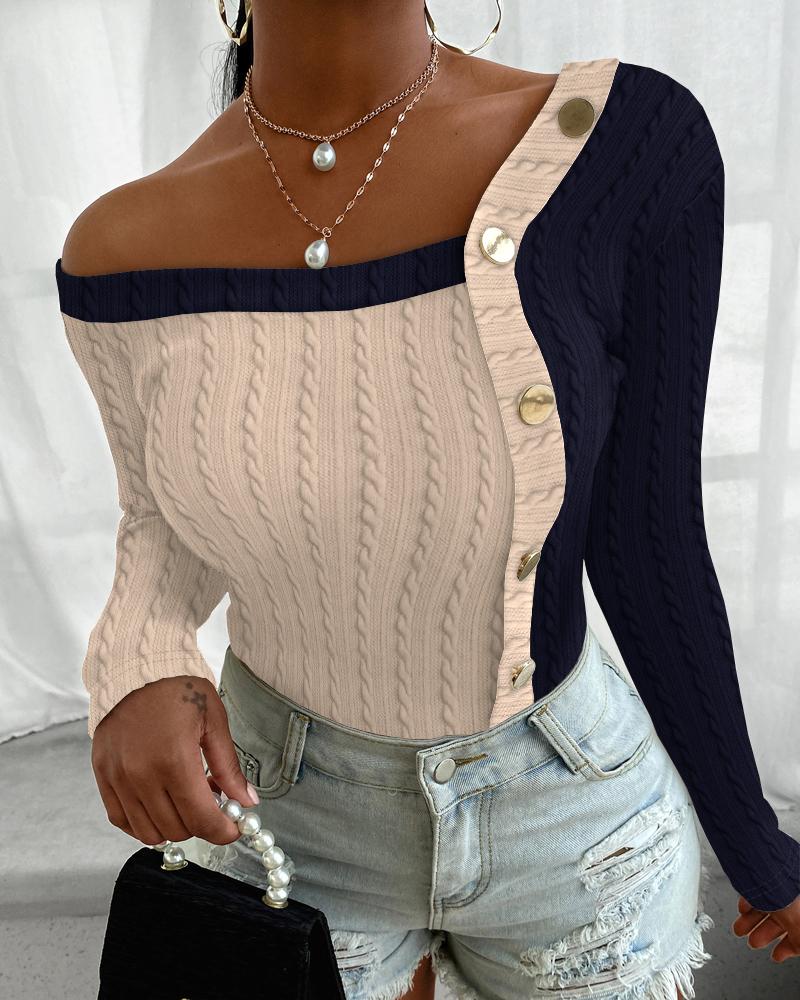 

Colorblock Buttoned Cable Textured Top, Dark blue