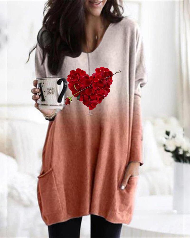 

Valentine' Day Floral Heart Print Ombre Casual Top, Orange