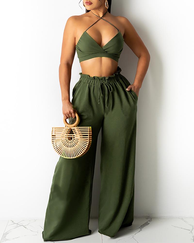 

Halter Ruched Crop Top & Frill Hem Drawstring Pants Set, Green
