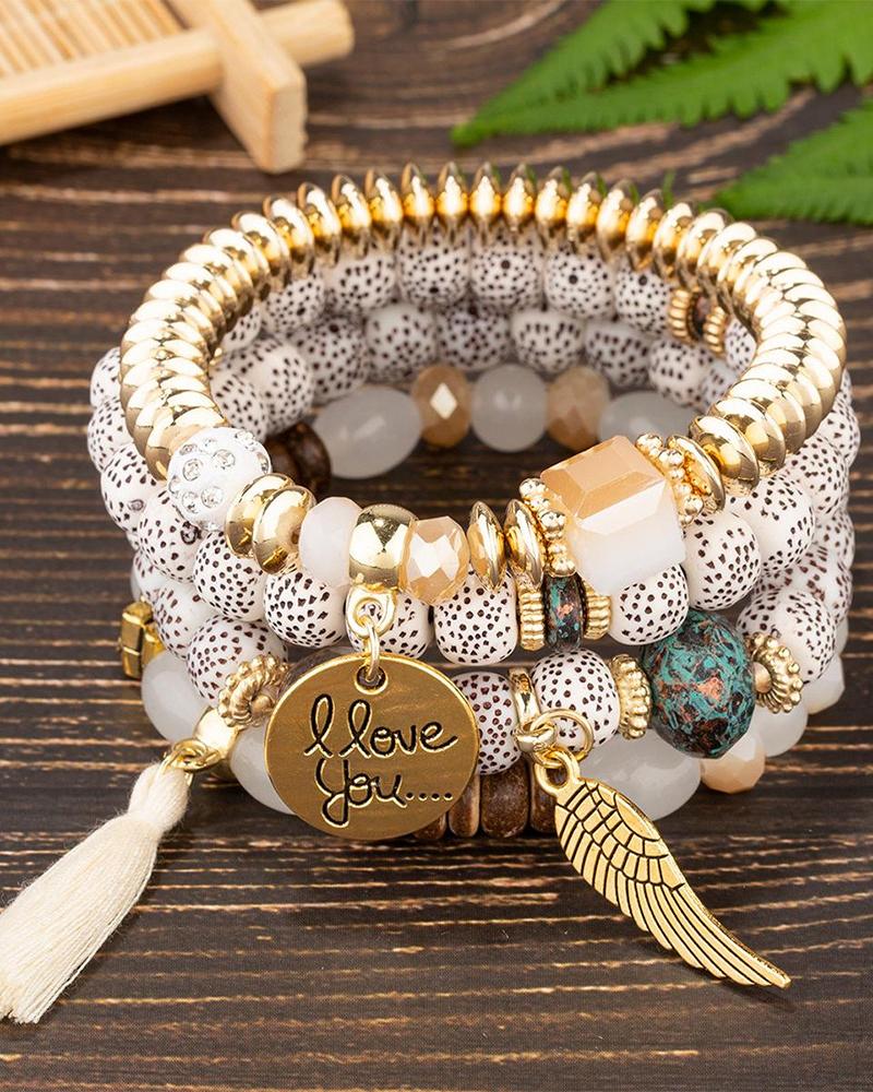 

4pcs Tassel Wing Charm Beaded Bracelet Set, Beige