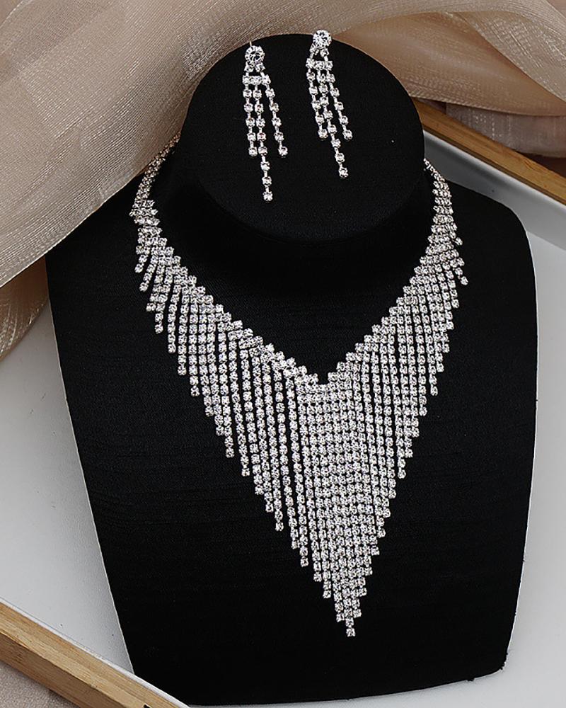 

Tassel Design Rhinestone Earrings & Necklace Jewelry Set, Silver