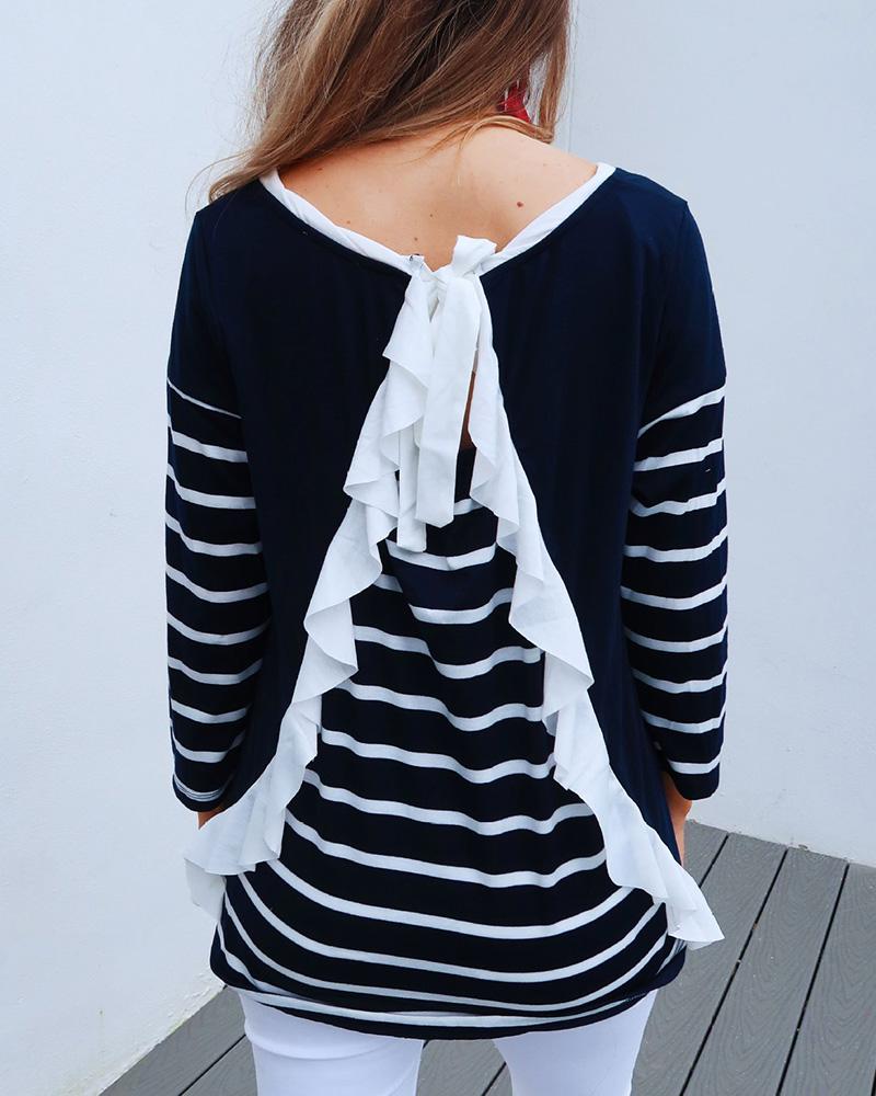 

Striped Ruffles Hem Insert Casual Blouse, Blue