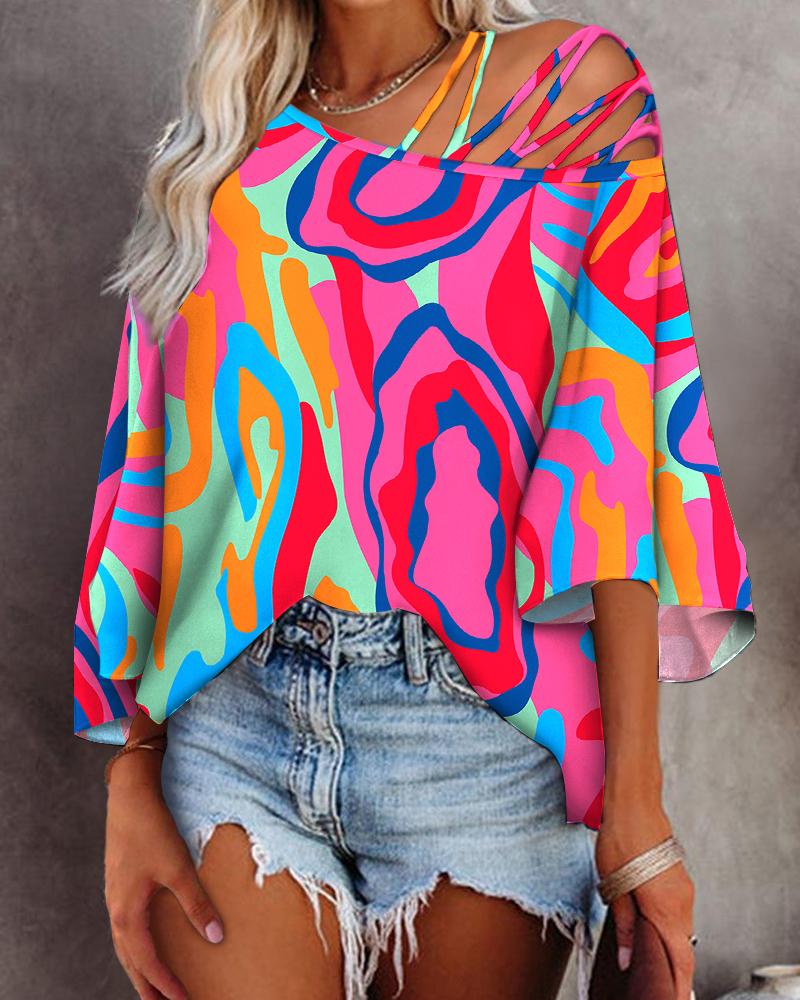 

Abstract Print Cold Shoulder Bell Sleeve Top, Multicolor