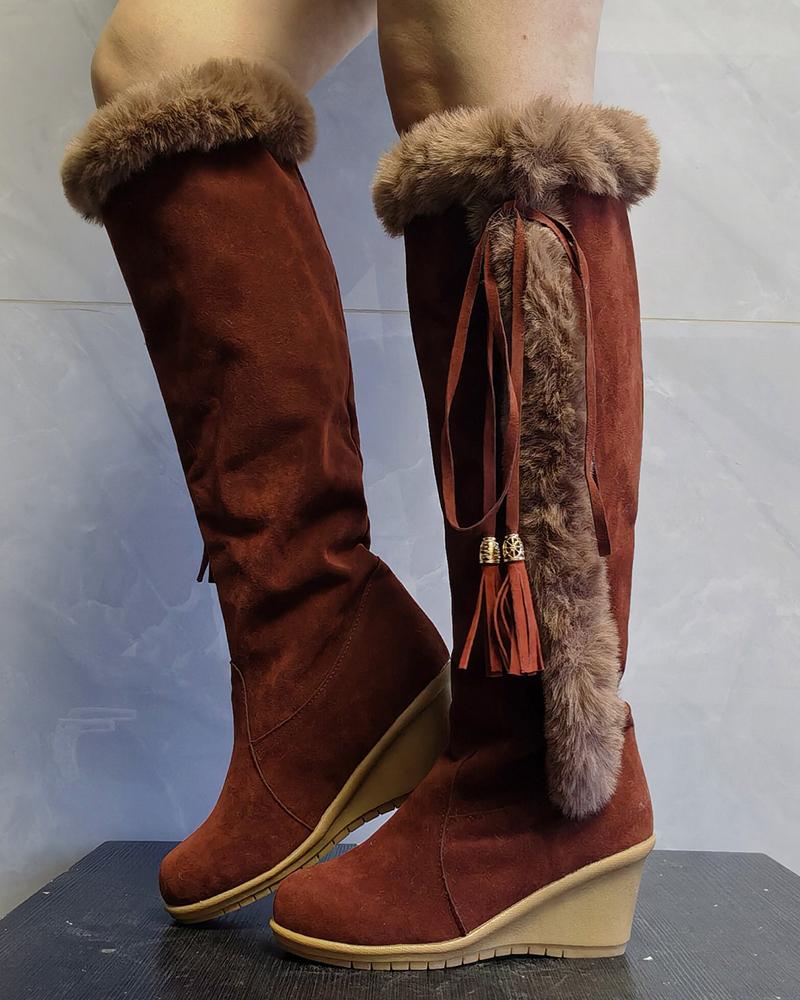 

Fuzzy Trim Tassel Lined Wedge Boots, Coffee