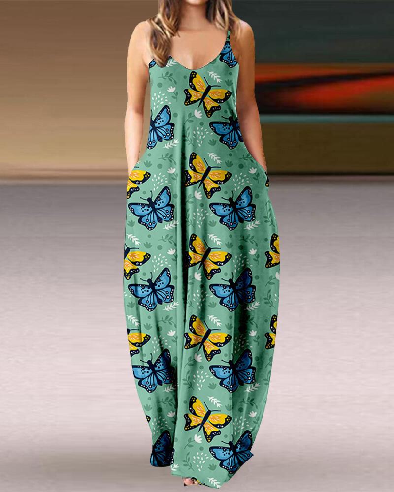 

Plus Size Butterfly Print Spaghetti Strap Maxi Dress, Green