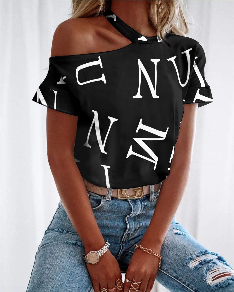 

Letter Print Cold Shoulder Casual T-shirt, Black