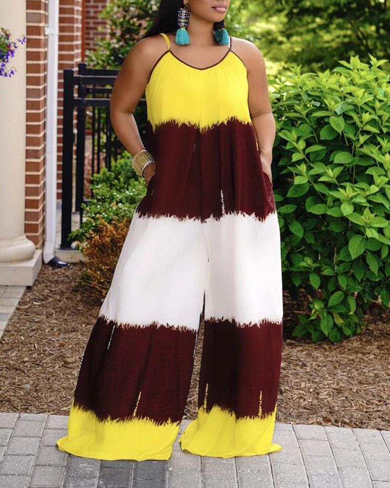 

Plus Size Colorblock Spaghetti Strap Wide Leg Jumpsuit, Yellow