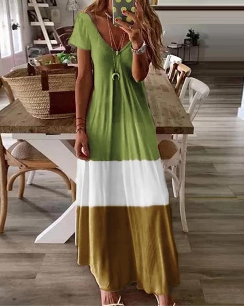 

V-Neck Short Sleeve Colorblock Maxi Dress, Green