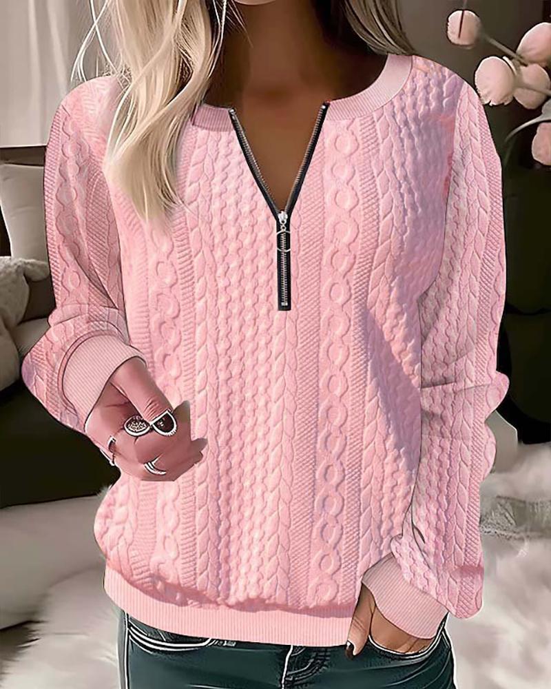 

Zipper Design Wheat Textured Sweatshirt, Pink