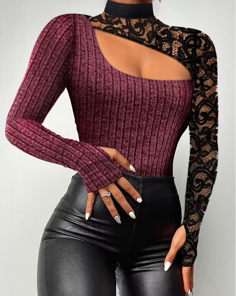 

Lace Patch Cutout Mock Neck Top, Wine red