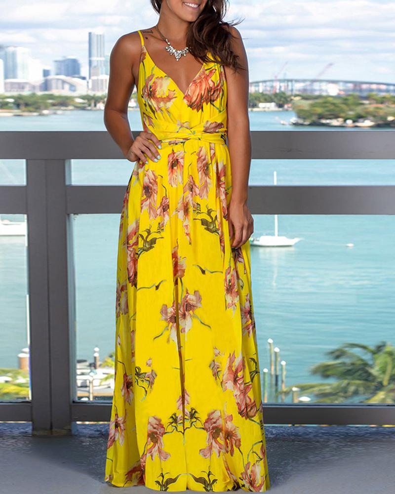 

Floral / Tropical Print Twisted Backless Maxi Dress, Yellow