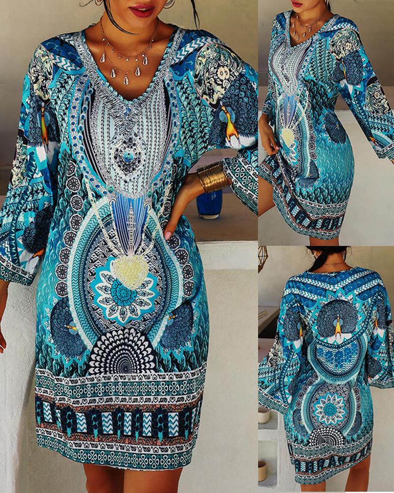 

Retro Tribal Print Long Sleeve Casual Dress, Blue